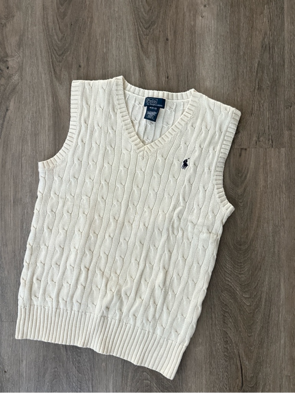 Ralph Lauren Cream Cable-Knit V-Neck Sweater Vest with Navy Pony